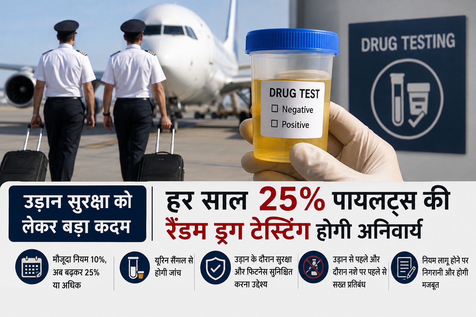हर साल 25% पायलटों की होगी रैंडम ड्रग टेस्टिंग! उड़ान सुरक्षा को लेकर नियम और सख्त करने की तैयारी